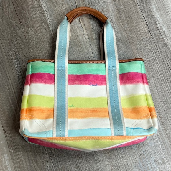 Coach Watercolor Stripe Canvas Tote Bag Leather Trim Multicolor Medium - Picture 6 of 7